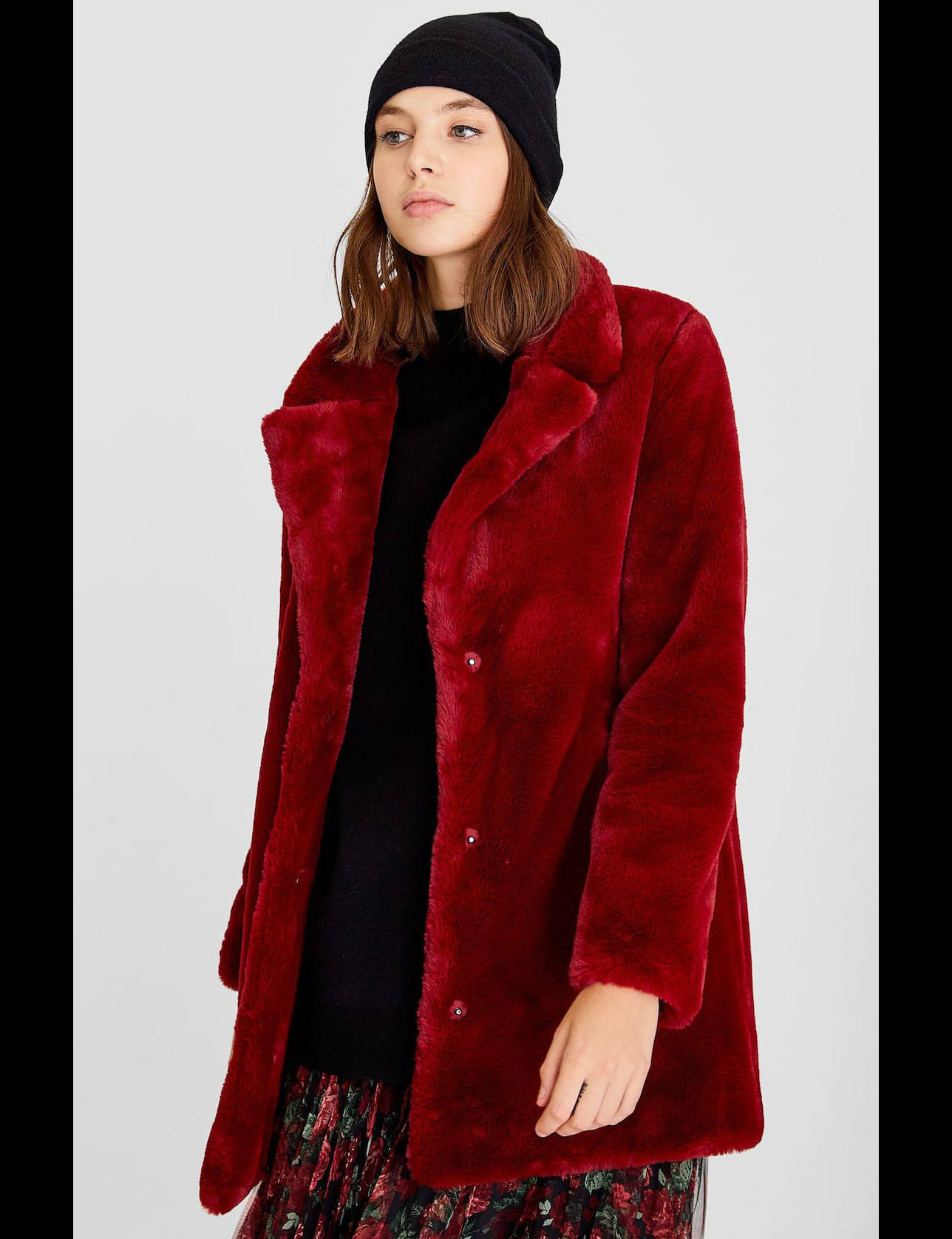 manteau fausse fourrure rouge bordeaux